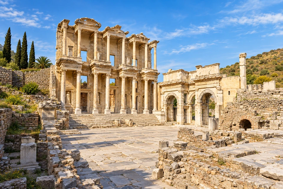 The two-level Library of Celsus facade and adjacent arched gate above pale exposed marble paving at Ephesus.
