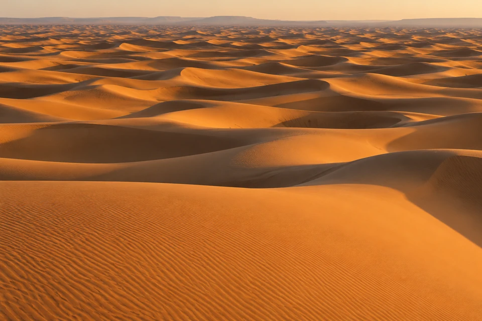 Wind-rippled sand and rolling dune crests at Erg Chgaga in southern Morocco.
