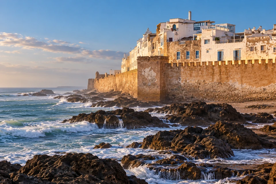 Atlantic waves below Essaouira's stone sea wall and whitewashed medina buildings.