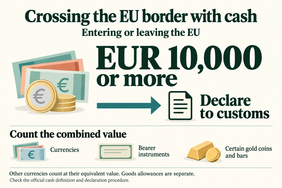 Entering or leaving the EU with EUR10000 or more in combined cash and covered equivalents requires a customs declaration