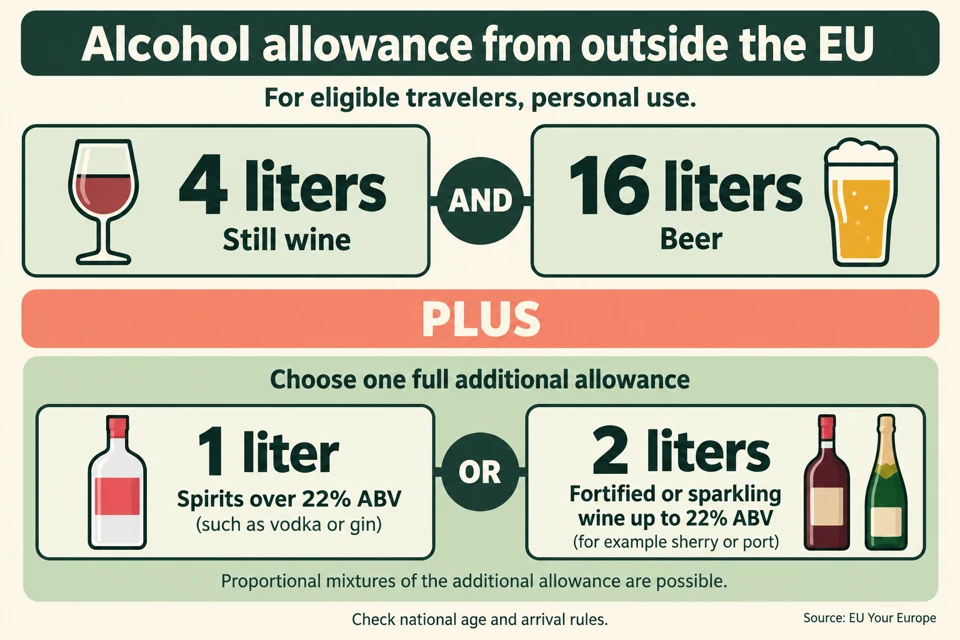 Eligible arrivals from outside the EU may bring four liters of still wine and sixteen liters of beer, plus one liter of spirits over 22 percent ABV or two liters of qualifying fortified or sparkling wine.