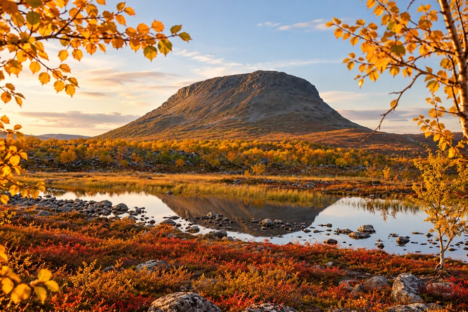 Saana fell near Kilpisjarvi reflected in still water among golden birches and red autumn shrubs.