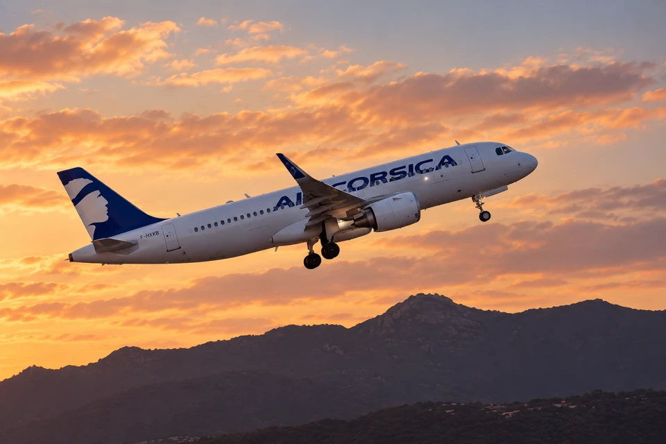 An Air Corsica Airbus A320neo with a white fuselage and navy Moor-head tail taking off above a Corsican coastal ridge.