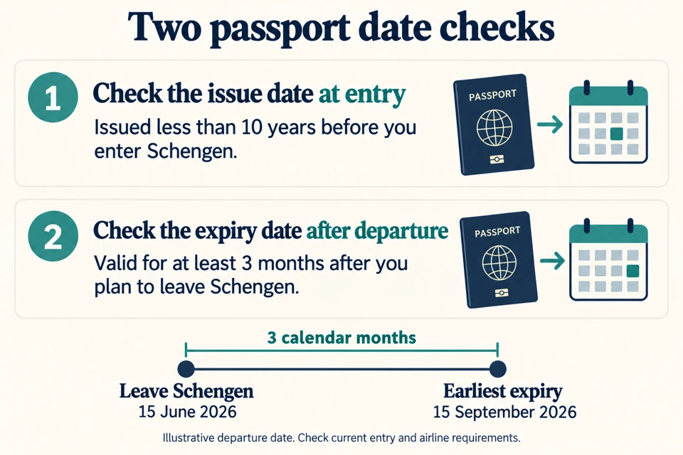 Two passport date checks: issue less than ten years before entry, and expiry at least three calendar months after planned Schengen departure.