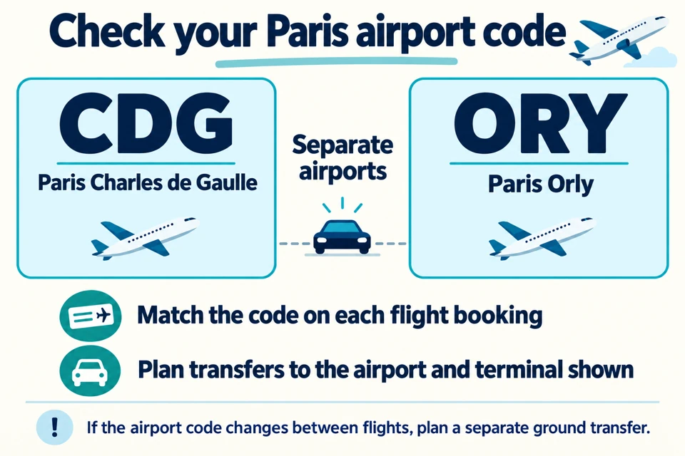 CDG is Paris Charles de Gaulle and ORY is Paris Orly. Check each flight booking's airport code and terminal when arranging ground transport.