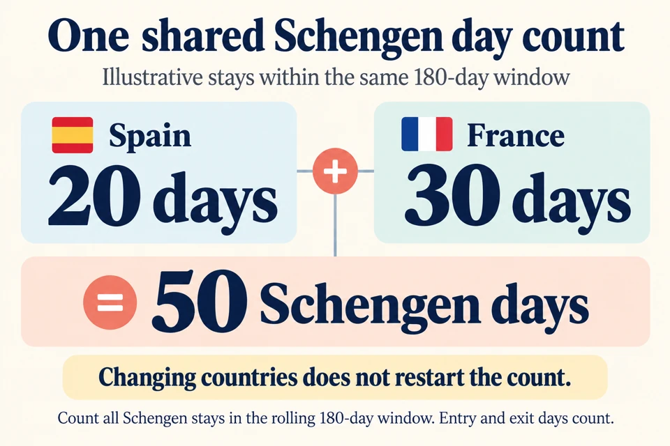 Illustrative Schengen day count: 20 days in Spain plus 30 days in France equals 50 Schengen days in the same rolling 180-day window.