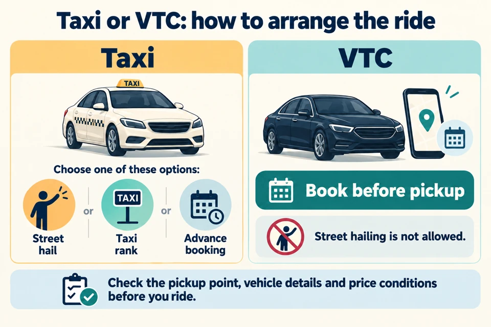 Taxis can be hailed, taken from a taxi rank or booked ahead. VTC rides require a booking before pickup and cannot be street-hailed.