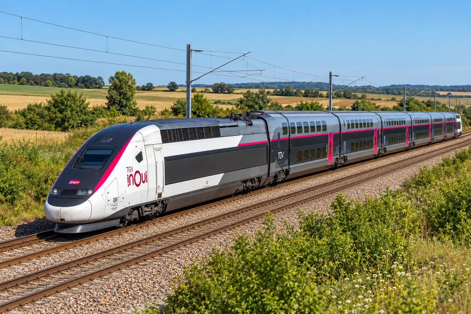 An SNCF TGV INOUI Duplex with a streamlined white-and-charcoal power car, magenta accents and double-deck passenger coaches.