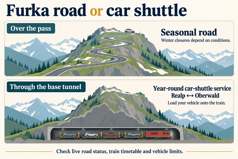 Furka travel options: a seasonal road over the pass, or the year-round vehicle-carrying train through the base tunnel between Realp and Oberwald.