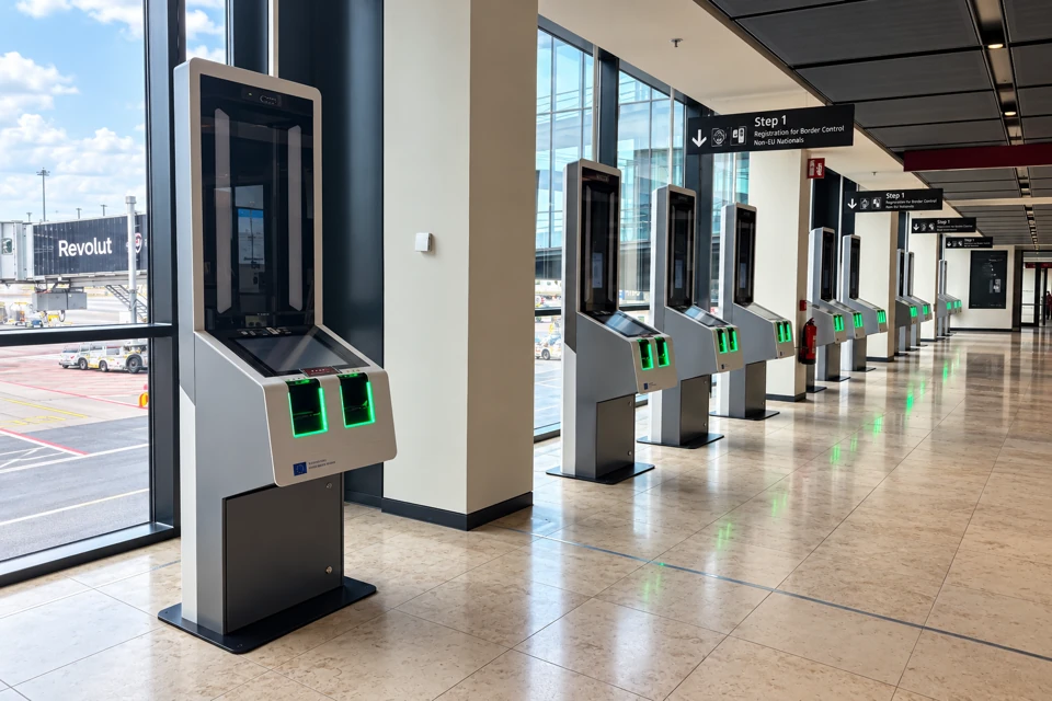 Silver EES registration kiosks with tall dark camera panels and paired green-lit scanners at Berlin Brandenburg Airport