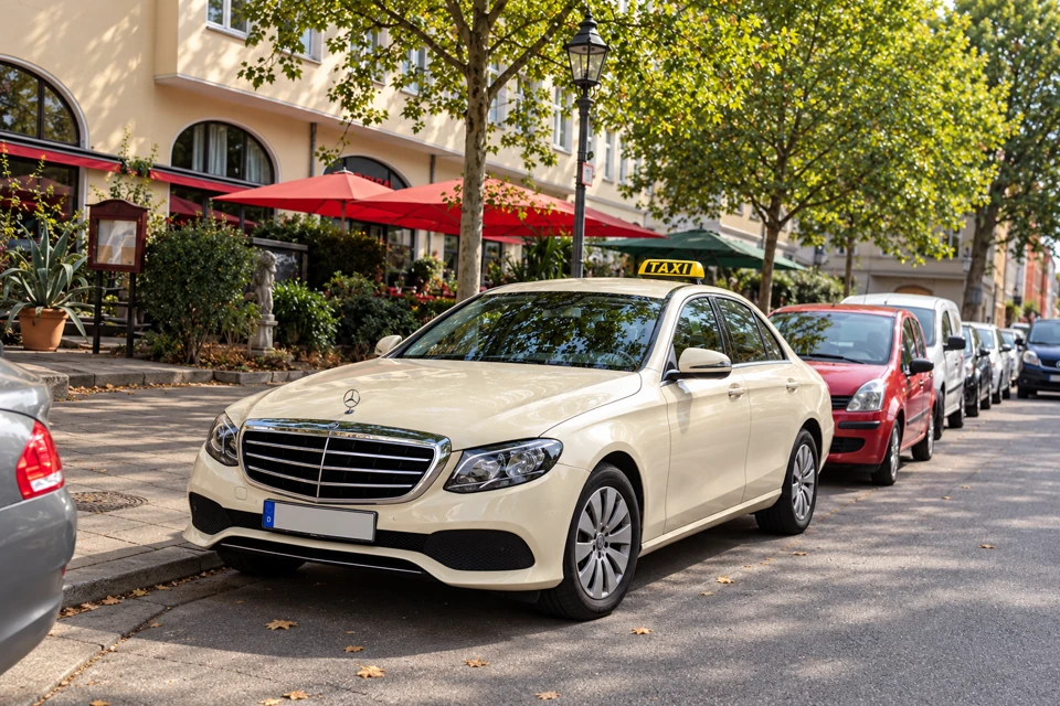 Light-ivory Mercedes sedan with a yellow TAXI roof sign parked on a tree-lined Berlin street.