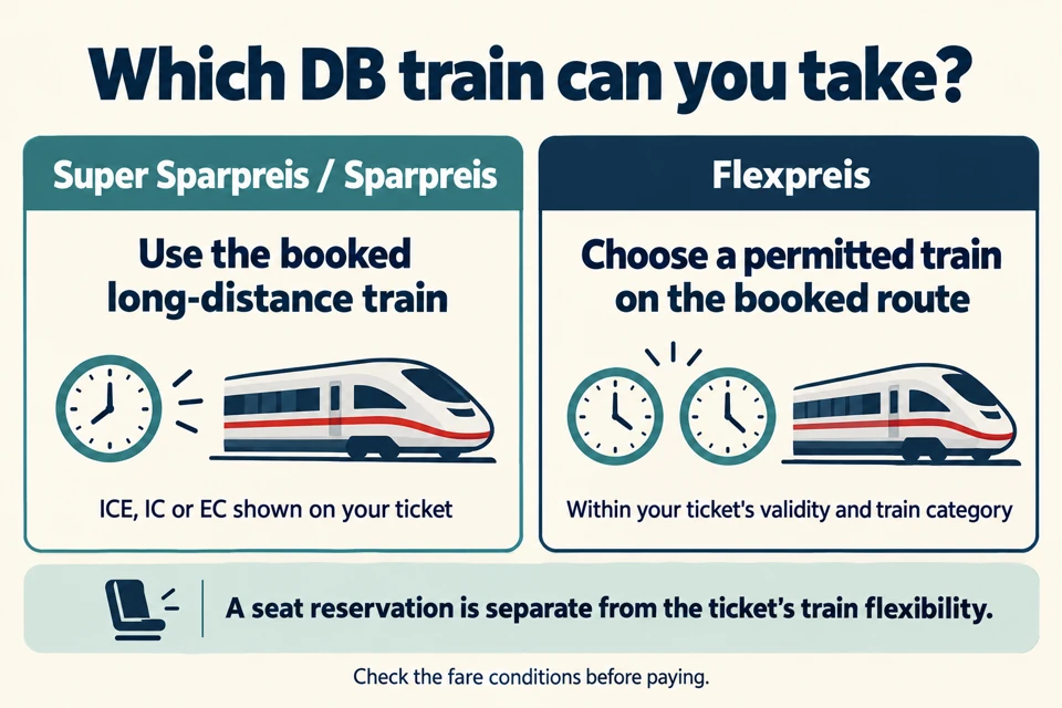 Super Sparpreis and Sparpreis use the booked long-distance train. Flexpreis permits eligible trains on the booked route within the ticket's validity and train category.