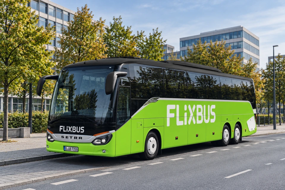 Lime-green FlixBus Setra coach with black upper glazing and three axles at a paved coach bay.