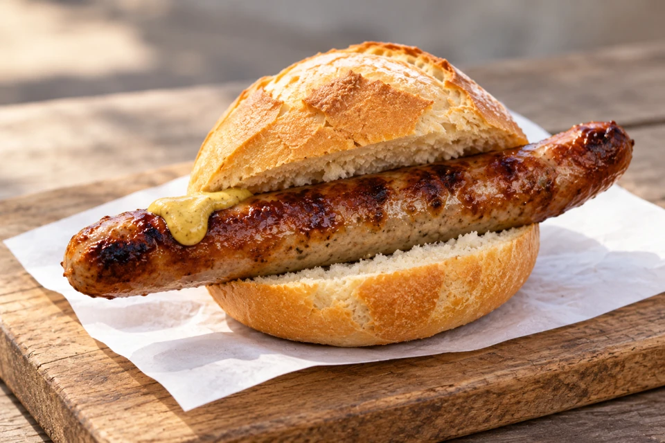 A grilled bratwurst with a little mustard in a small crusty round bread roll on a paper wrapper.