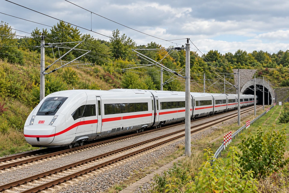 A white Deutsche Bahn ICE 4 with a red stripe on an electrified double-track railway, its coaches extending toward a tunnel.