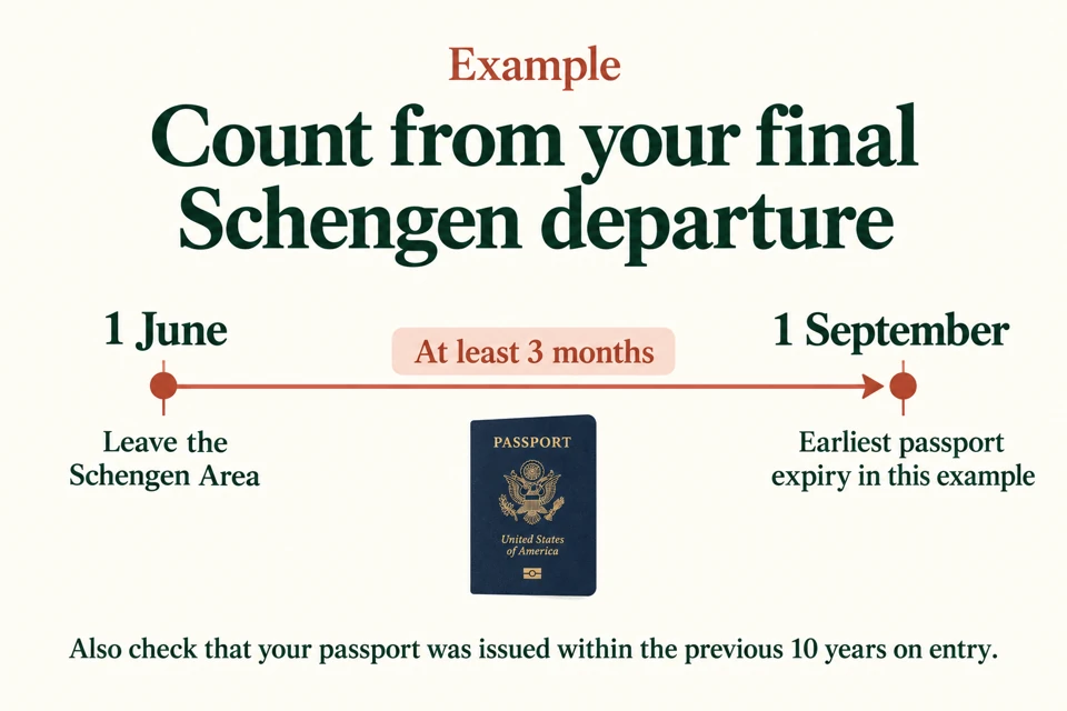 Passport validity example from final Schengen departure on 1 June to earliest expiry on 1 September, at least three months later