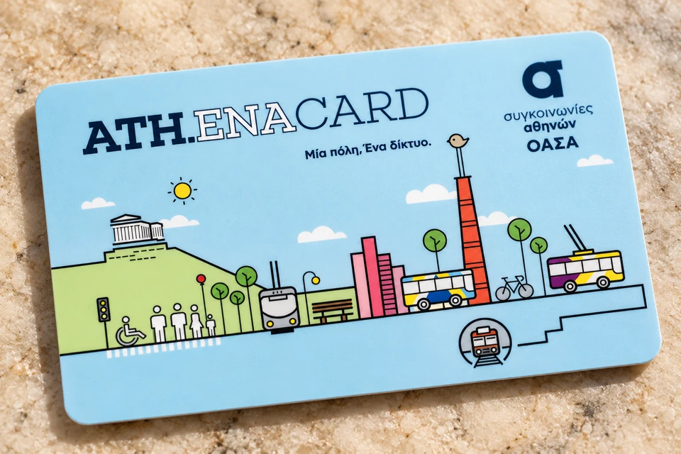The pale-blue ATH.ENA Card front with Athens landmarks and public-transport pictograms.