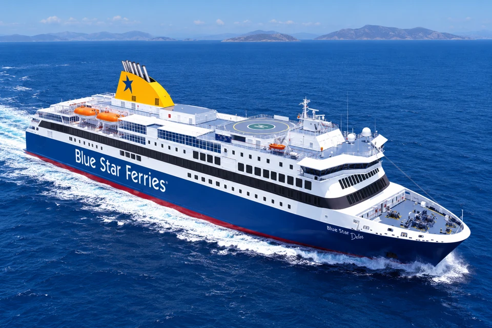 Blue Star Delos, a white and dark-blue conventional ferry with a yellow star-marked funnel.