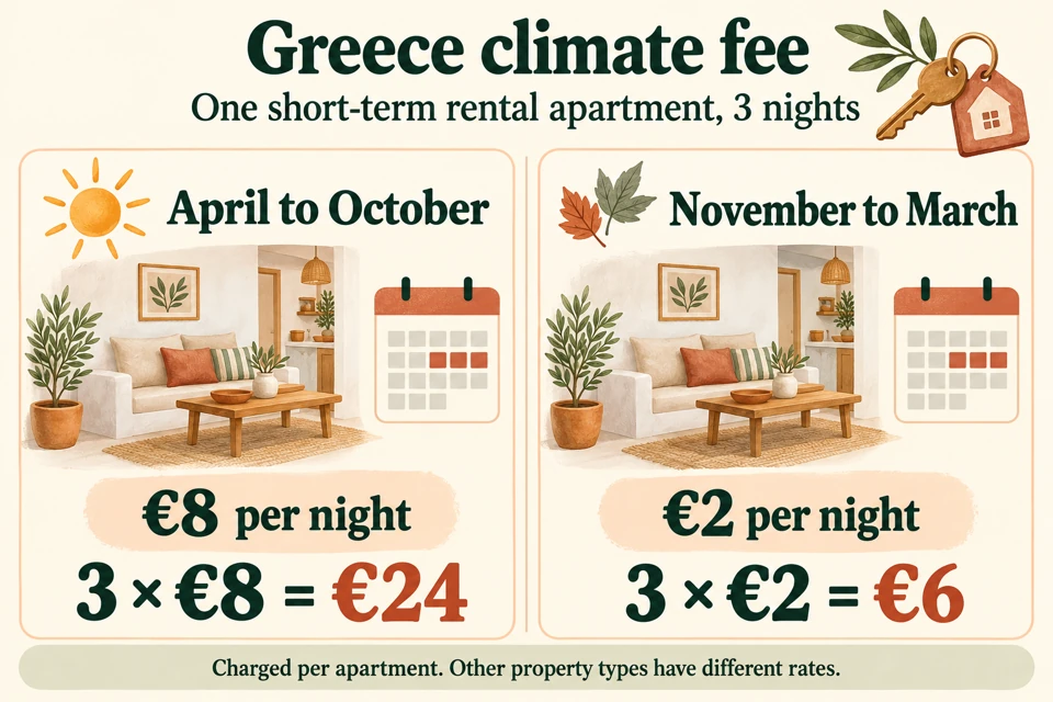 Greece short-term rental apartment climate-fee example for three nights: April to October at eight euros per night totals24euros; November to March at two euros totals6euros.