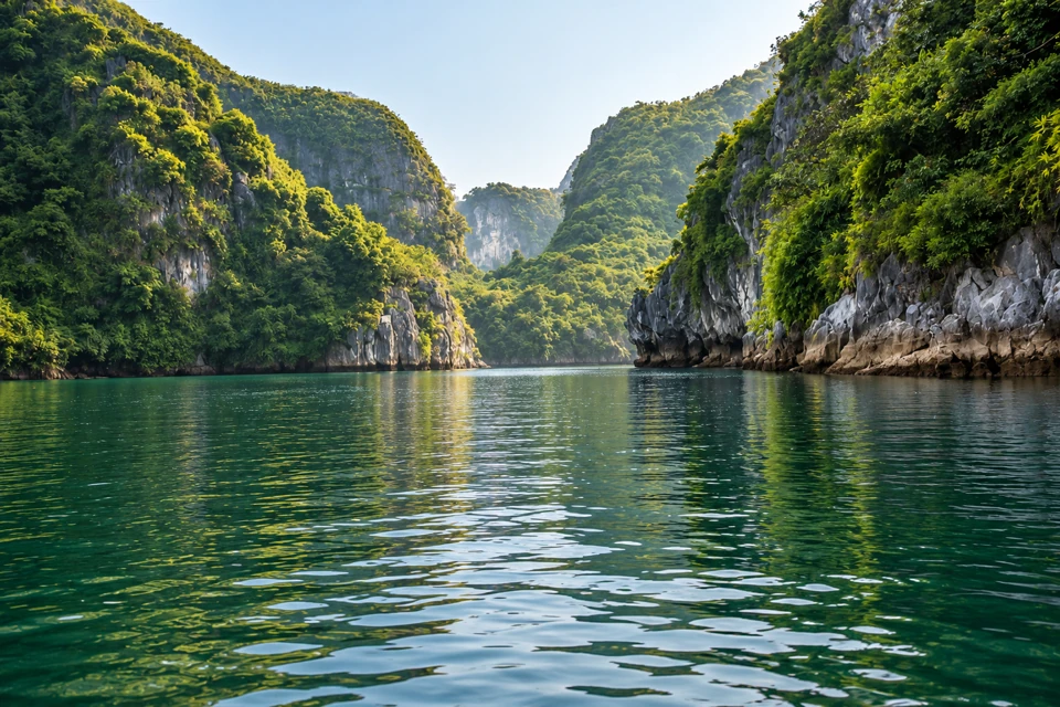 A calm emerald channel runs between green-covered limestone walls in Ha Long Bay.