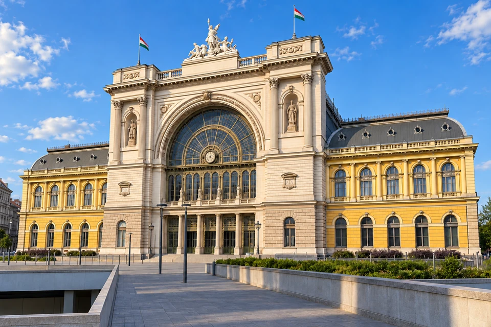 Budapest Keleti station's large arched glass window between pale stone towers and yellow side wings.