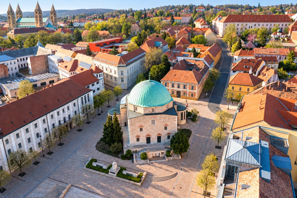 Green-domed former Mosque of Pasha Qasim on Szechenyi Square in Pecs, surrounded by red roofs