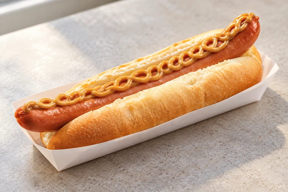 An Icelandic pylsa hot dog with brown mustard in a plain paper tray.