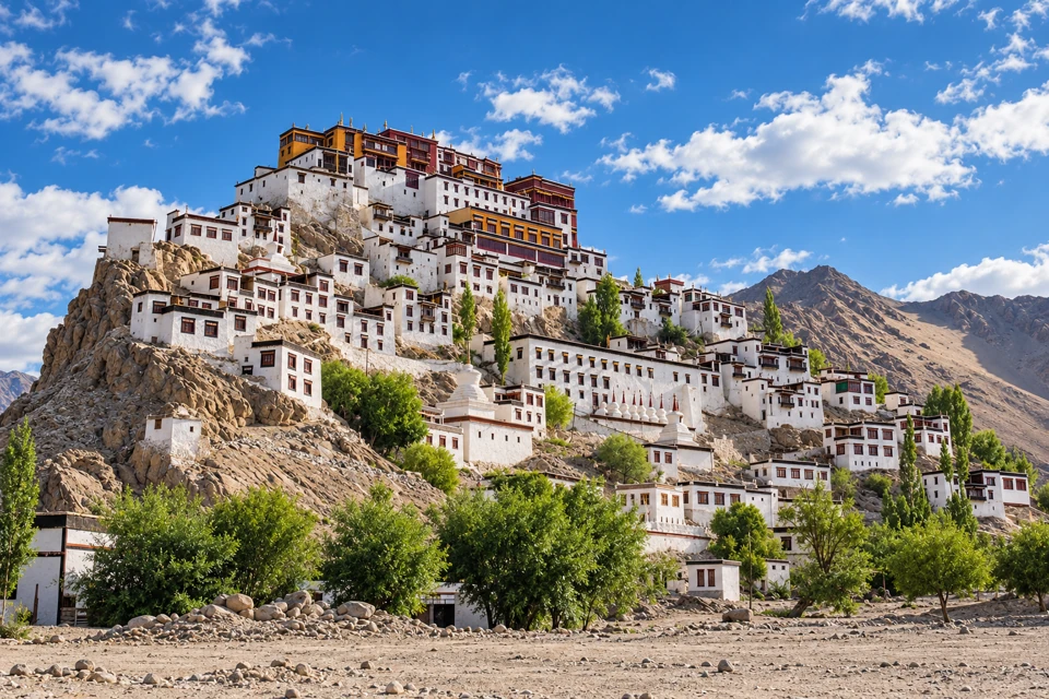 Whitewashed Thiksey Monastery buildings rising above a dry rocky hill in Ladakh.