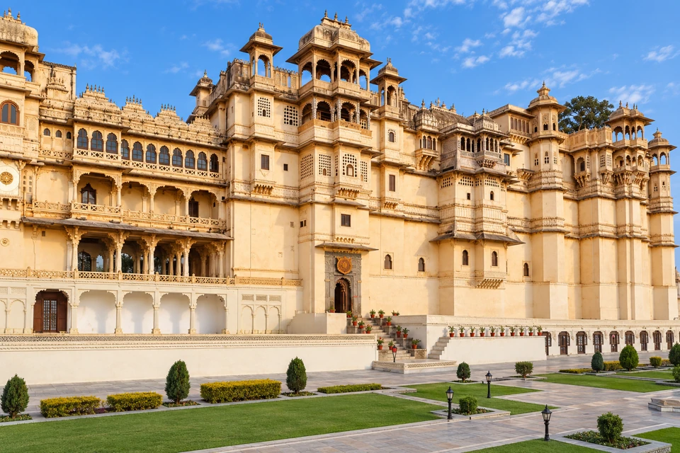 Udaipur City Palace with carved balconies, roof pavilions and its formal courtyard