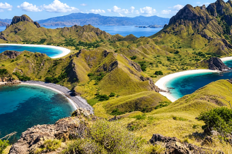 Padar Island's grassy ridges separating pale and dark crescent beaches in East Nusa Tenggara.