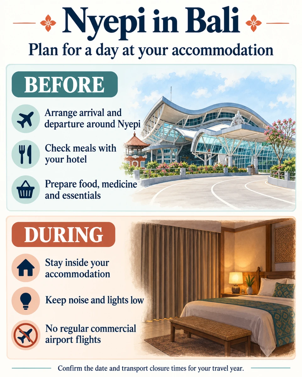 Nyepi planning: arrange travel and supplies beforehand, then stay at the accommodation with low noise and lights during the day of silence.
