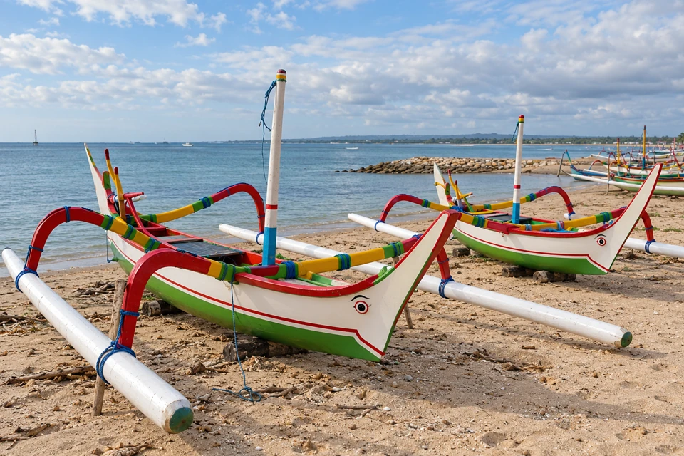 Painted jukung fishing boats with curved outrigger arms on Sanur Beach, Bali.