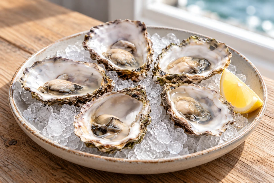Opened oysters in their half shells on crushed ice with a lemon wedge.
