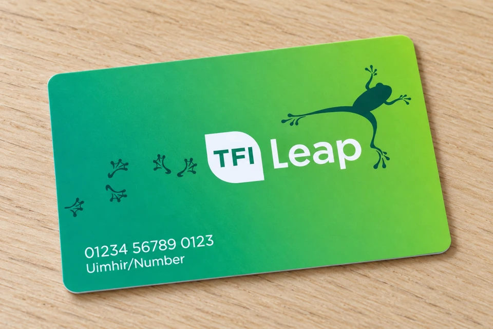 A standard green adult TFI Leap prepaid transport card with its frog motif on a wooden surface.