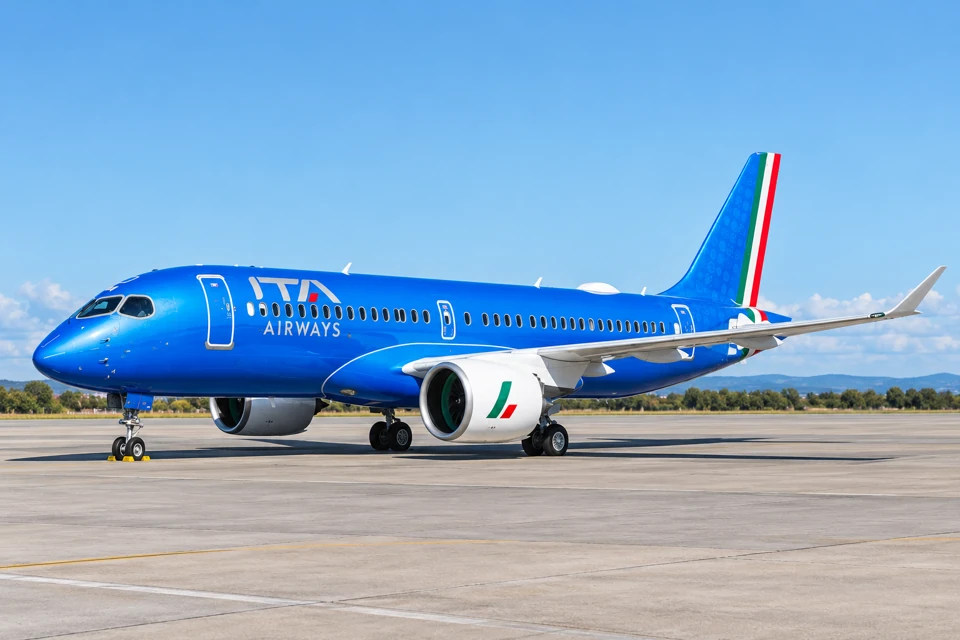 An electric-blue ITA Airways Airbus A220-300 with white engines and an Italian tricolor stripe on the tail.