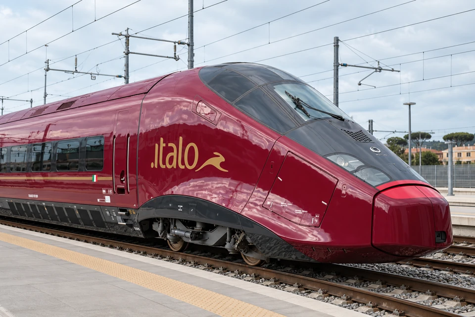 An Italo AGV575 has a burgundy body, sloping dark cab, rounded nose cover and gold Italo hare branding.