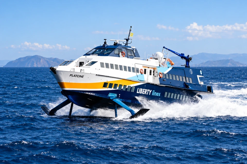 Liberty Lines Platone hydrofoil underway above the water on its forward foil, in white, navy and yellow livery.