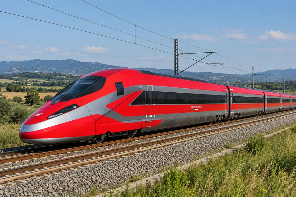 A red Trenitalia Frecciarossa 1000 high-speed train with a long streamlined nose, dark windows and a sweeping silver side band.