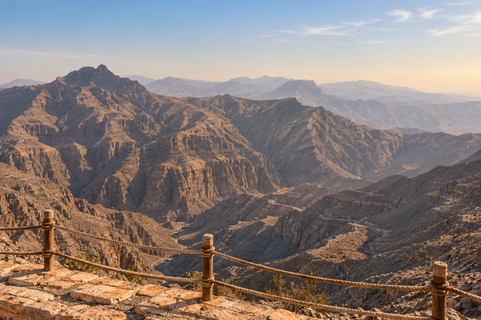 Layered limestone ridges and rocky wadis seen from the Jebel Jais viewing-deck area.