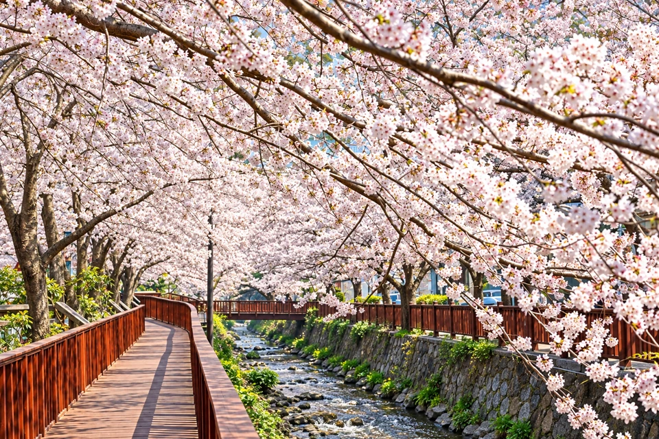 Cherry blossoms arch over Yeojwacheon Stream and its wooden boardwalk in Jinhae.