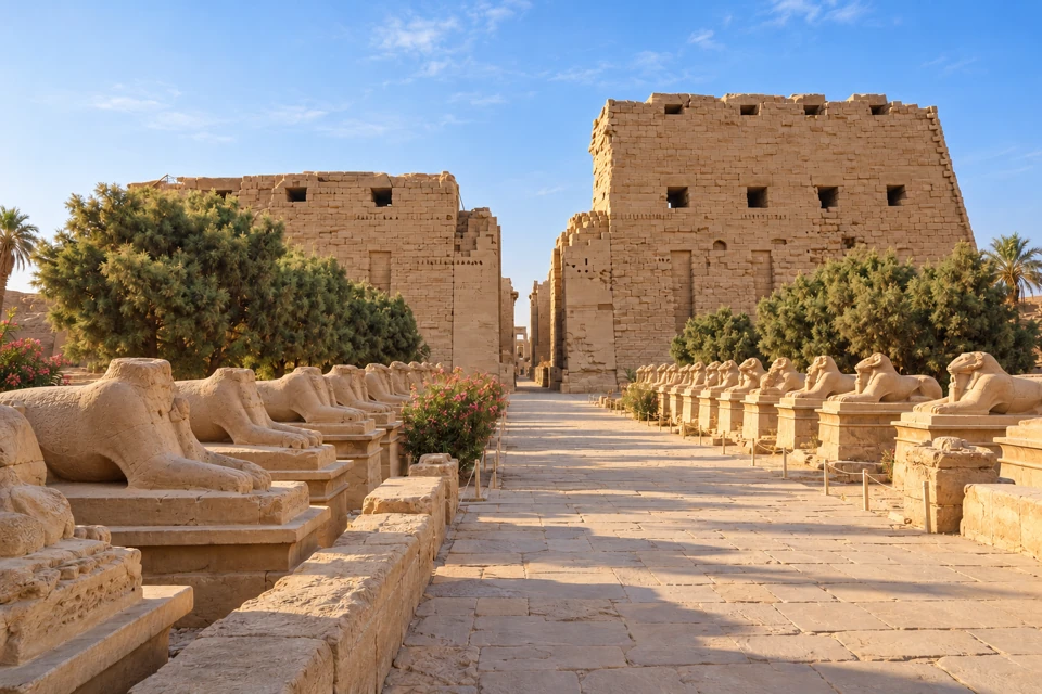 Weathered sphinxes line the approach to Karnak's massive First Pylon in Luxor.
