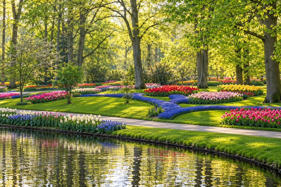 Curved beds of tulips and blue grape hyacinths beside a pond under mature trees at Keukenhof in Lisse.