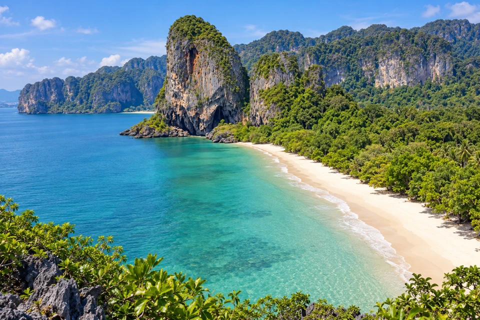 West Railay's curved sand beach and towering limestone cliffs on Krabi's Andaman coast.