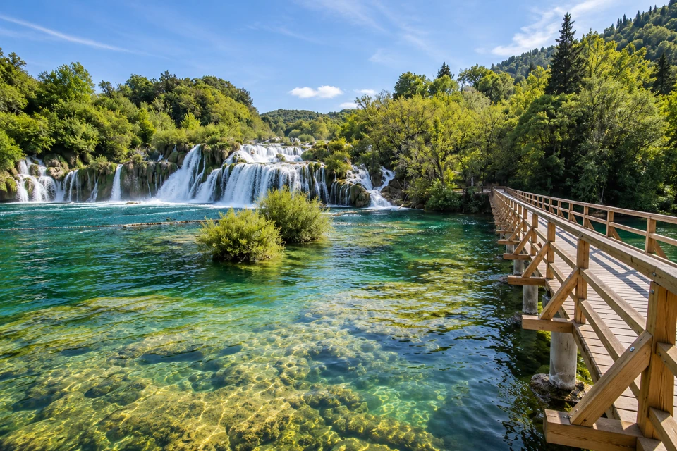Skradinski buk's broad travertine cascades face a wooden viewing bridge above clear green water in Krka National Park.