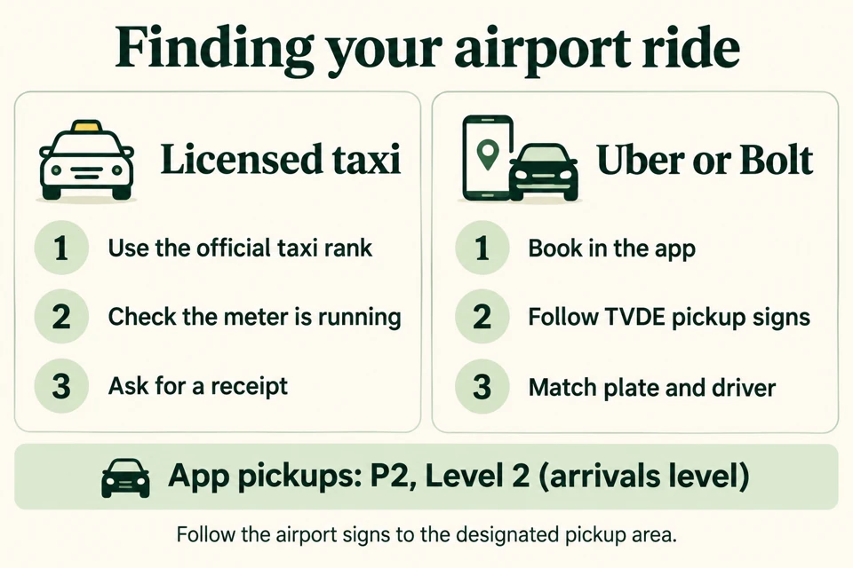 Taxi rank and app pickup checklist, including Uber and Bolt pickup at P2 Level 2 on the arrivals level.