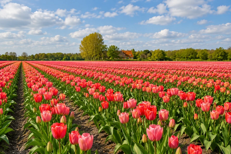 Straight rows of pink and coral tulips in a flat Lisse bulb field, with dark soil furrows and a low farmhouse behind trees.
