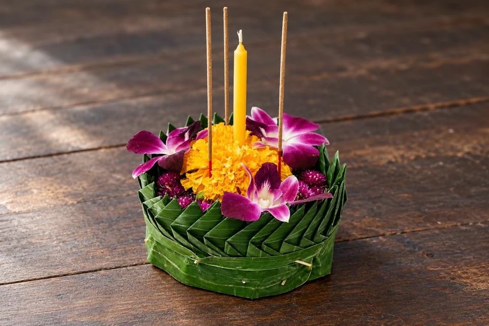 A handmade banana-leaf krathong holds yellow marigolds, purple orchids, one candle and three incense sticks.