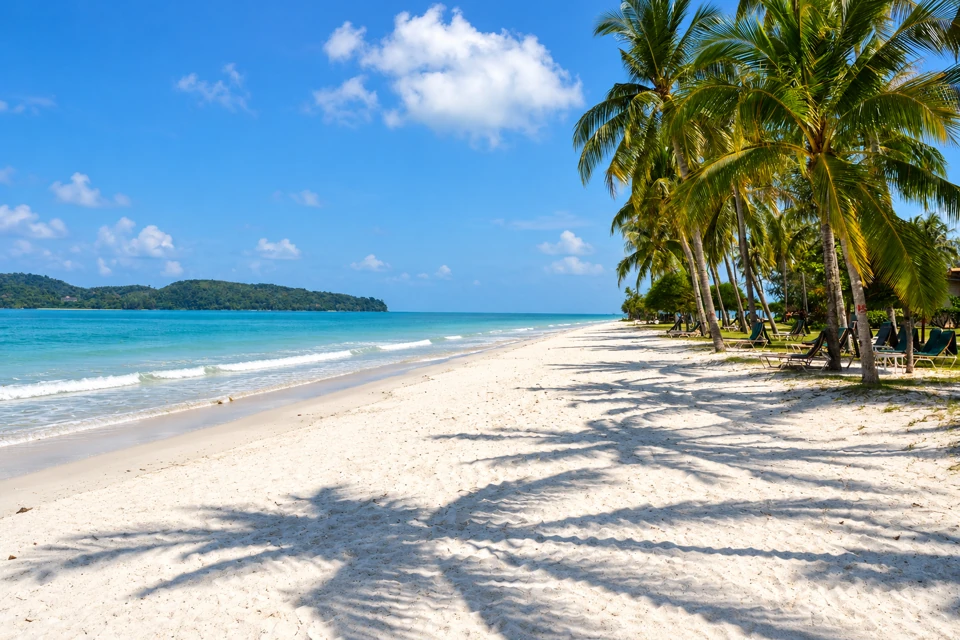 Pale sand and coconut palms at Pantai Cenang on Langkawi, with a low green island offshore.