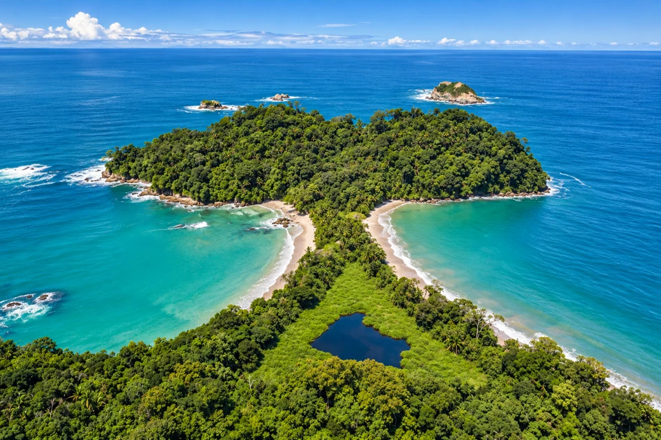 Twin beaches and turquoise Pacific bays flank the forested neck of Punta Catedral in Manuel Antonio.