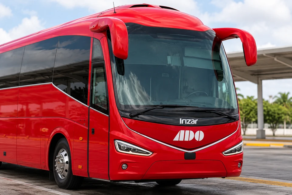 Red ADO Irizar intercity coach with a curved windscreen, sweeping mirrors and slim angled headlights.